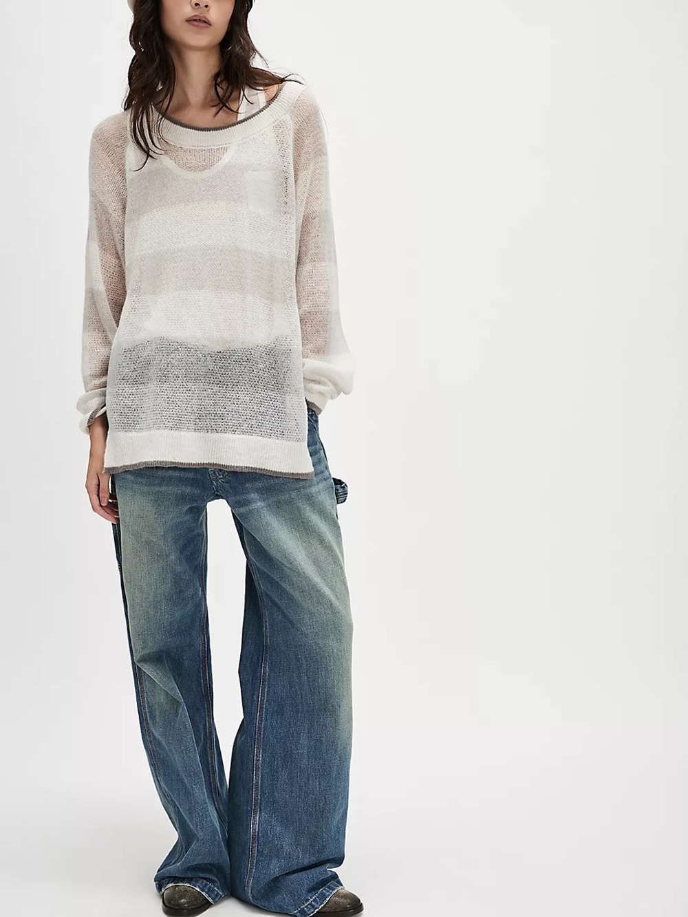 Free People Daphne Tunic White and Gray Sheer Knit Sweater